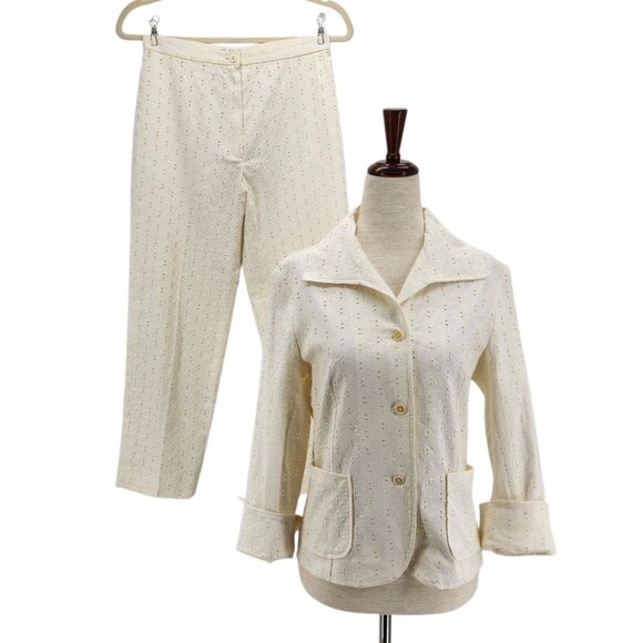 New Allan Waller Womens 4 Jacket & Pants 2 Piece Set Eyelet Cream Made in Italy